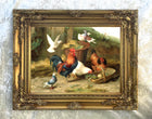 Fine Oleograph on Canvas in an Ornate Rococo Frame, "Chickens Doves & Pigeons in a Yard"
