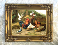 Fine Oleograph on Canvas in an Ornate Rococo Frame, "Chickens Doves & Pigeons in a Yard"