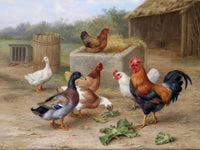 Fine Oleograph on Canvas of Chickens & Ducks in a Stable Yard