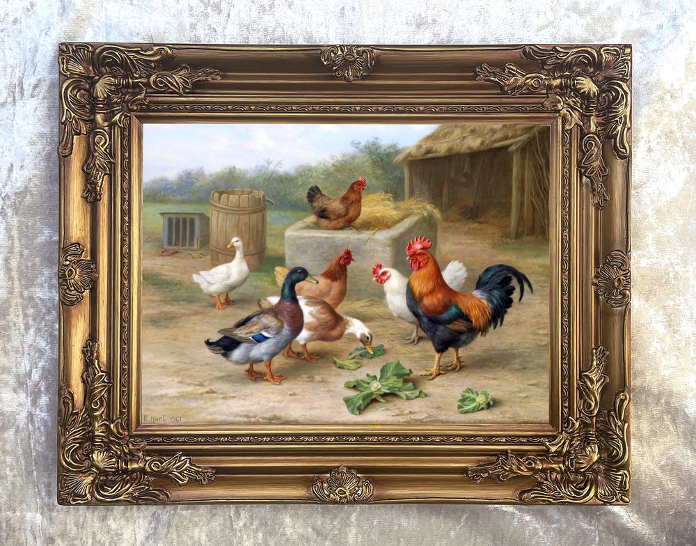 Fine Oleograph on Canvas of Chickens & Ducks in a Stable Yard