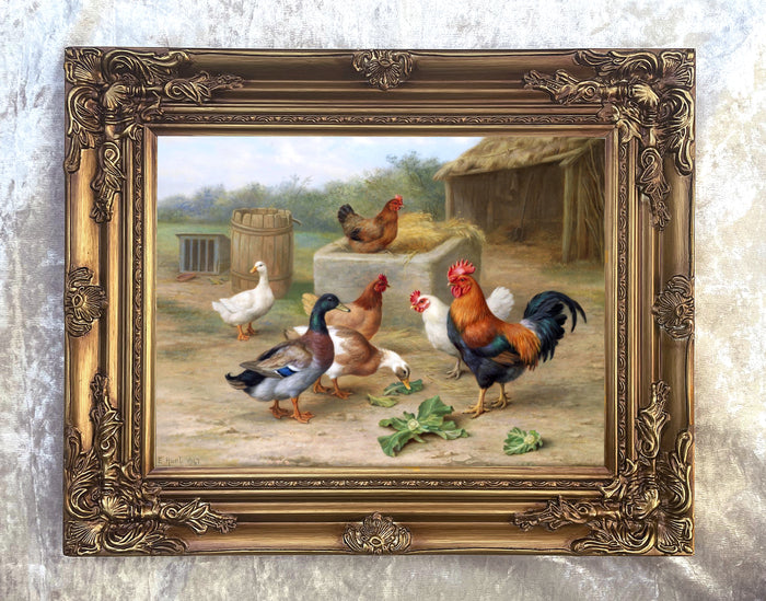 Fine Oleograph on Canvas of Chickens & Ducks in a Stable Yard