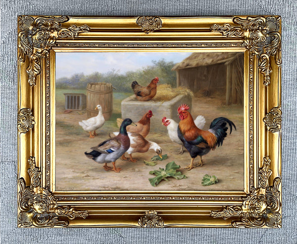 Fine Oleograph on Canvas of Chickens & Ducks in a Stable Yard