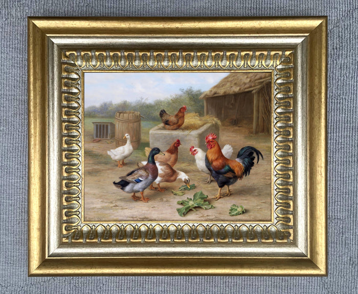 Fine Oleograph on Canvas of Chickens in a Yard 