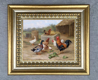 Fine Oleograph on Canvas of Chickens in a Yard "A Happy Family"