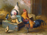 Oleograph on Canvas of a Family of Chickens in a Stable aft. Edgar Hunt