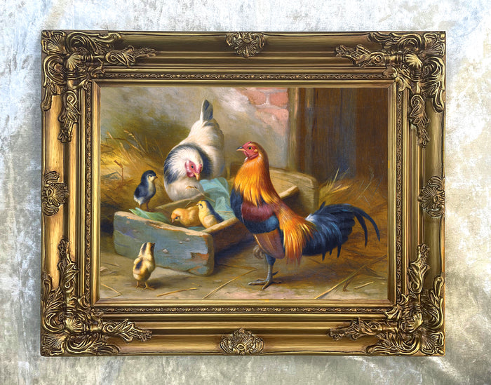 Oleograph on Canvas of a Family of Chickens in a Stable aft. Edgar Hunt
