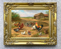 Fine Lithograph on Canvas of Chickens & Ducks by a Pond