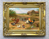 Fine Lithograph on Canvas of Chickens & Ducks by a Pond