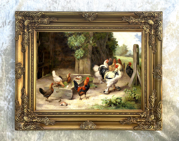 Fine Lithograph on Canvas - Chickens & Bantams in a Yard aft. Edgar Hunt