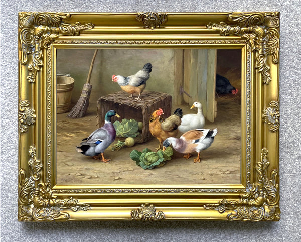 Fine Oleograph on Canvas of Chickens & Ducks in a Stable Yard