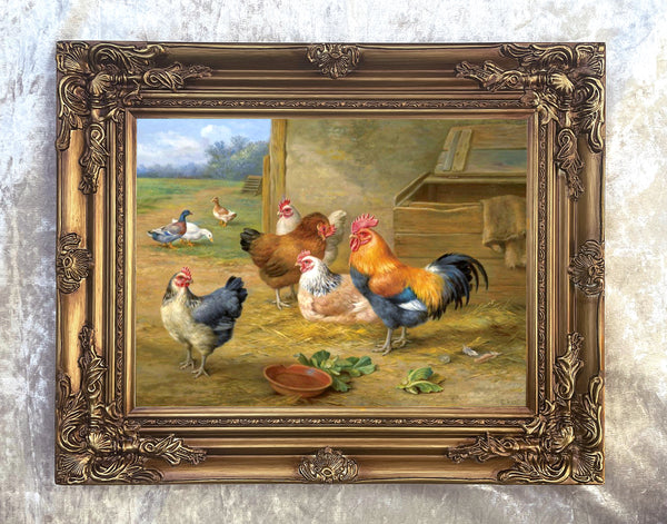 Fine Oleograph on Canvas of Chickens & Ducks in a Stable Yard aft. Edgar Hunt