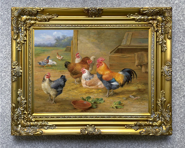 Fine Oleograph on Canvas of Chickens & Ducks in a Stable Yard aft. Edgar Hunt