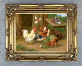 Fine Oleograph on Canvas - Chickens & Pigeons in a Rural Yard