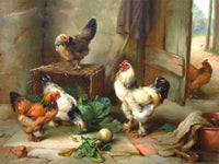 Fine Oleograph on Canvas of Chickens in a Stable aft. Edgar Hunt