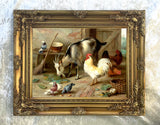 Fine Oleograph on Canvas of Chickens & Goats in a Stable
