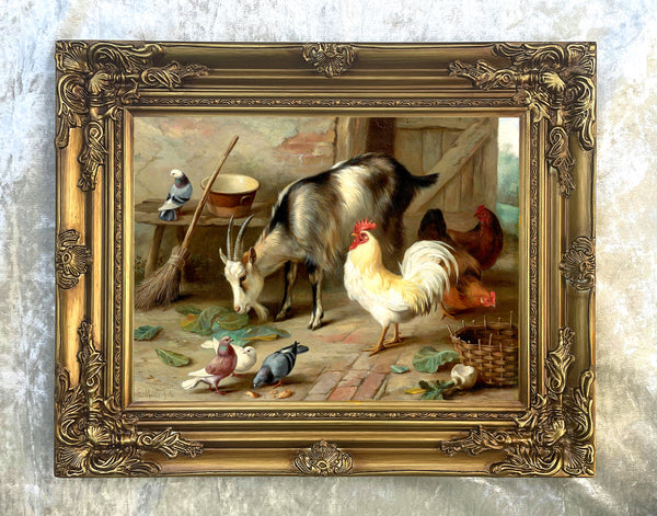 Fine Oleograph on Canvas of Chickens & Goats in a Stable