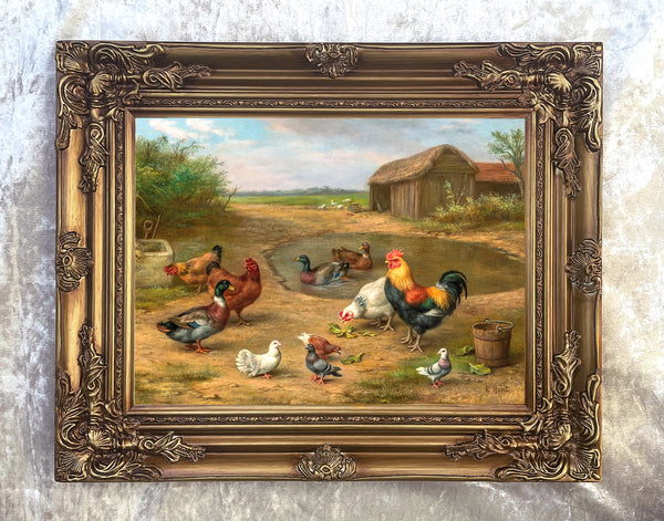 Fine Lithograph on Canvas of Chickens & Ducks by a Pond