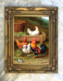Fine Oleograph on Canvas of a Cockerel & Hens in a Yard