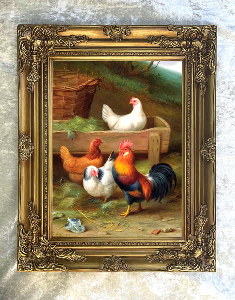 Fine Oleograph on Canvas of a Cockerel & Hens in a Yard