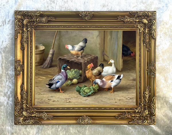 Fine Oleograph on Canvas of Chickens & Ducks in a Stable Yard