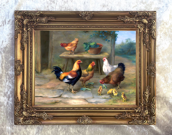 Fine Oleograph on Canvas of Chickens & Chicks in a Barnyard