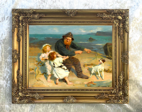 Fine Gilt Framed Oleograph on Canvas - "On The Beach" aft John Elsley