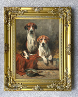 Fine Framed Oleograph of Hounds in a Stable aft. John Emms