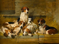 Fine Gilt Framed Oleograph of Foxhounds in a Stable aft. John Emms