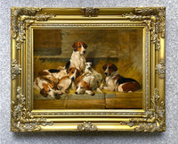 Fine Gilt Framed Oleograph of Foxhounds in a Stable aft. John Emms