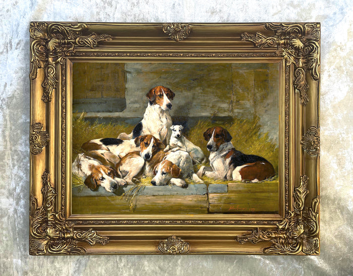 Fine Gilt Framed Oleograph of Foxhounds in a Stable aft. John Emms
