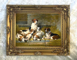 Fine Gilt Framed Oleograph of Foxhounds in a Stable aft. John Emms