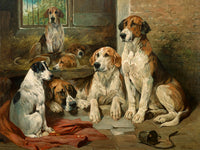 Fine Gilt Framed Oleograph of Foxhounds in a Stable at rest aft. John Emms