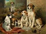 Fine Gilt Framed Oleograph of Foxhounds in a Stable at rest aft. John Emms