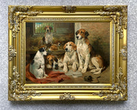 Fine Gilt Framed Oleograph of Foxhounds in a Stable at rest aft. John Emms