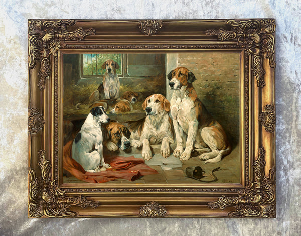 Fine Gilt Framed Oleograph of Foxhounds in a Stable at rest aft. John Emms