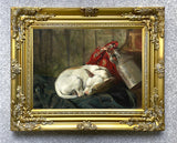 Gilt Framed Oleograph of a sleeping Jack Russell aft. John Emms