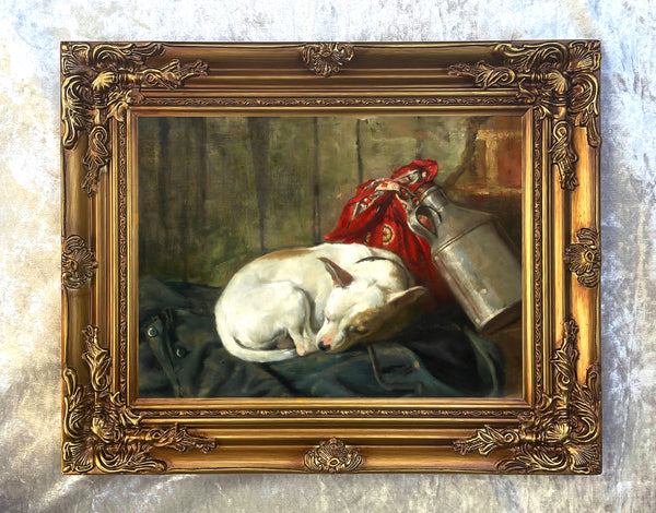 Gilt Framed Oleograph of a sleeping Jack Russell aft. John Emms