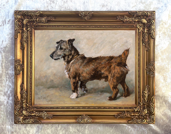 Ornate Framed Oleograph on Canvas of a Rough Coated Terrier aft. John Emms