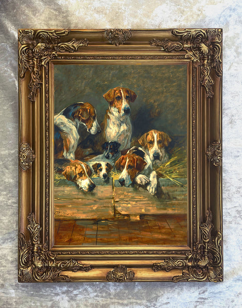 Fine Gilt Framed Oleograph of a Hounds & Terriers at rest aft. John Emms