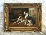 Fine Oleograph on Canvas - A Pair of Foxhounds seated in a Stable