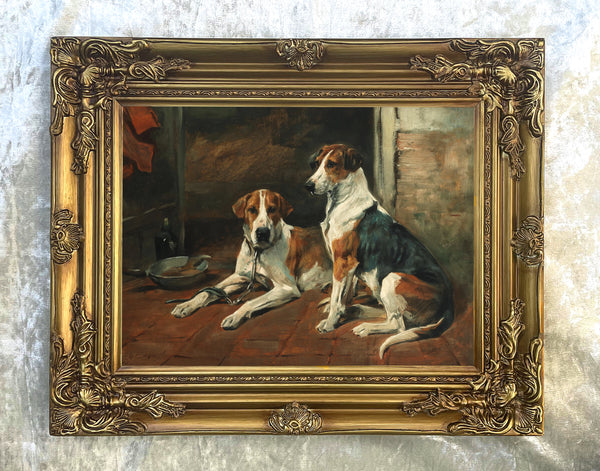 Fine Oleograph on Canvas - A Pair of Foxhounds seated in a Stable