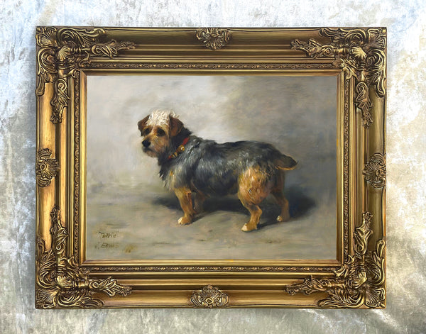 Beautiful Oleograph on Canvas - "Tottie" Long Haired Terrier in a Stable