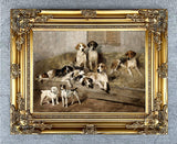 Fine Gilt Framed Oleograph of Hounds at Rest in a Stable aft. Emms