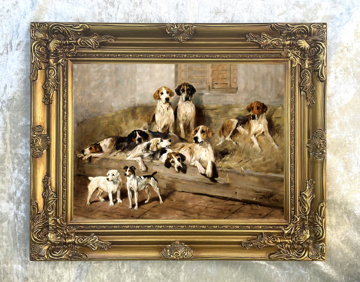 Fine Gilt Framed Oleograph of Hounds at Rest in a Stable aft. Emms