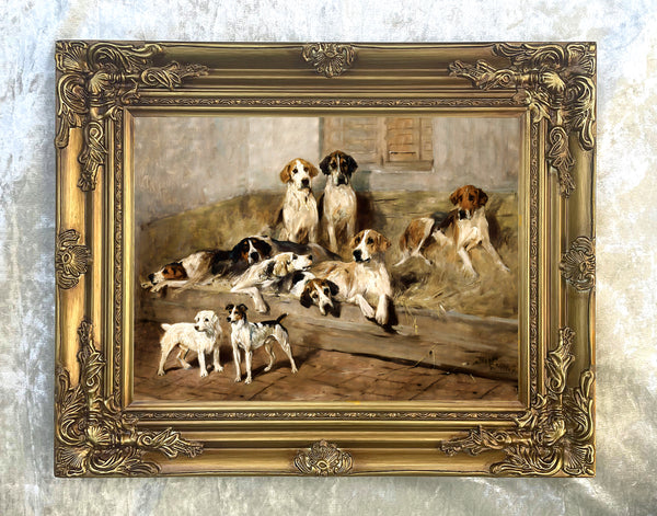 Fine Gilt Framed Oleograph of Hounds at Rest in a Stable aft. Emms