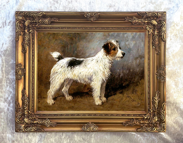 Ornate Framed Oleograph on Canvas Portrait of "Nettle" the Jack Russell by John Emms
