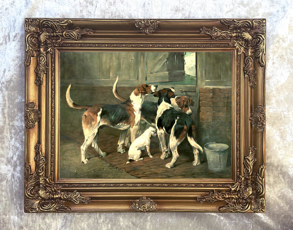Gilt Framed Oleograph of Hounds in a Stable after John Emms