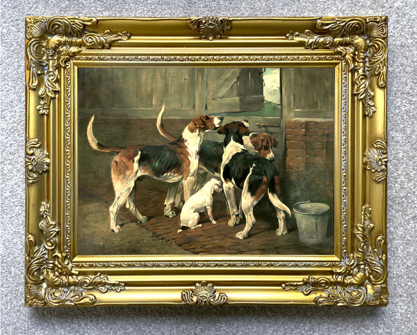 Gilt Framed Oleograph of Hounds in a Stable after John Emms