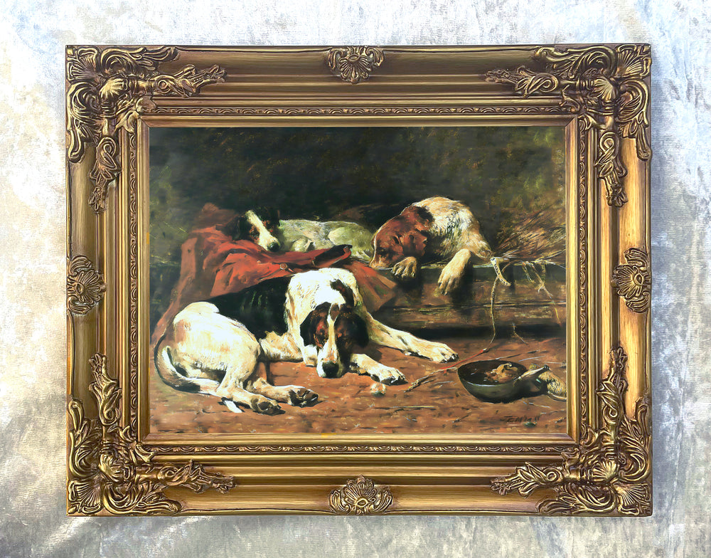 Beautiful Oleograph on Canvas - Foxhounds at Rest in a Stable