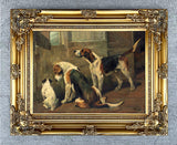 Fine Gilt Framed Oleograph of Hounds at a Stable Door aft. Emms